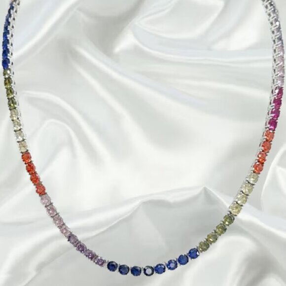Beautiful Rainbow lab created colors of CZ Tennis Necklace Silver plated - Picture 2 of 4